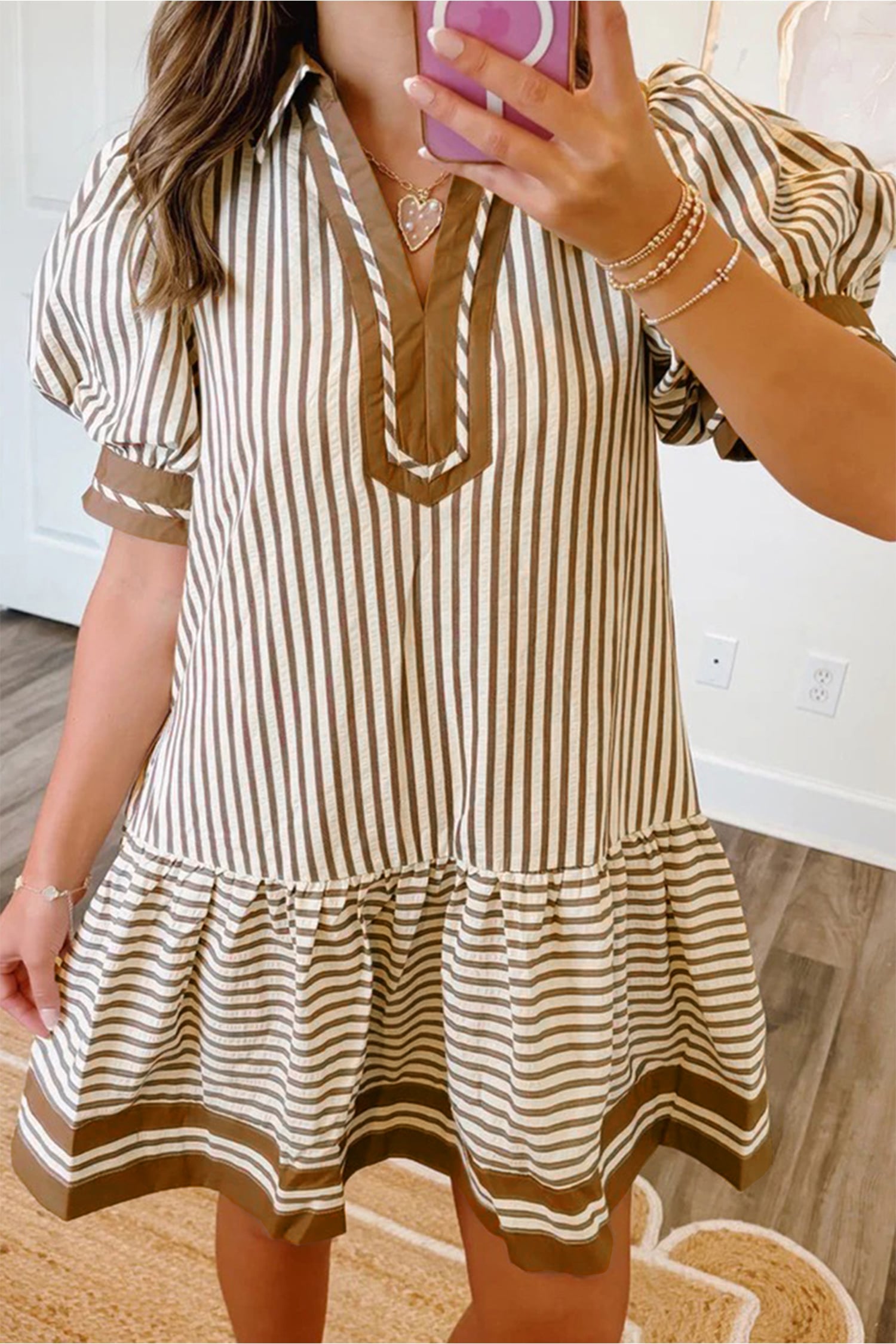 Brown Stripe Shirt Collar Color Block Patchwork Trim Ruffle Hem Short Dress