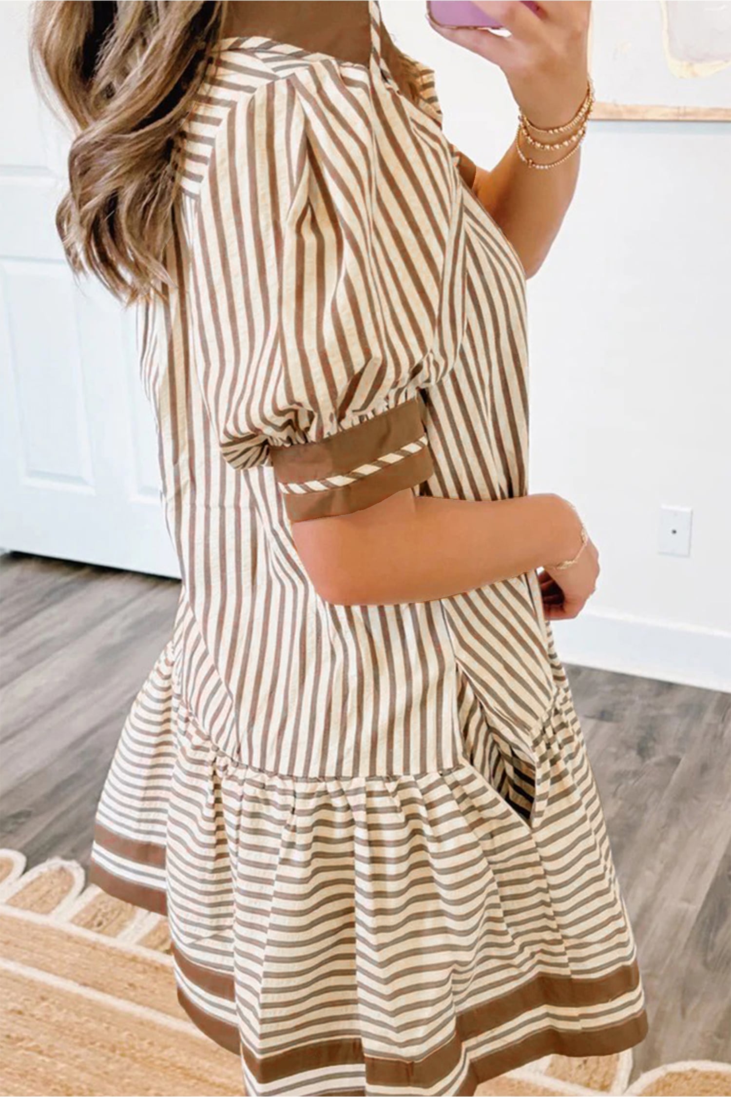 Brown Stripe Shirt Collar Color Block Patchwork Trim Ruffle Hem Short Dress