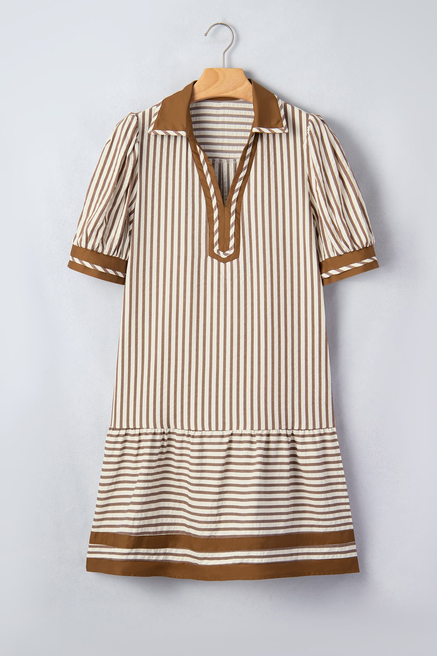 Brown Stripe Shirt Collar Color Block Patchwork Trim Ruffle Hem Short Dress