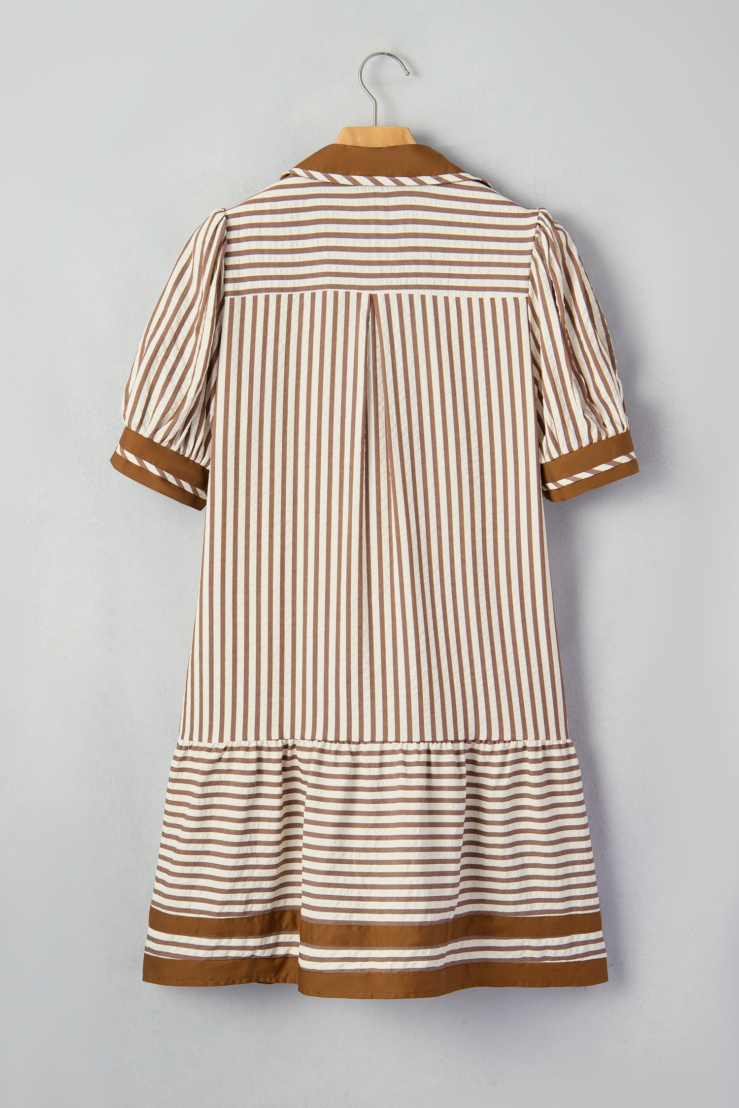 Brown Stripe Shirt Collar Color Block Patchwork Trim Ruffle Hem Short Dress
