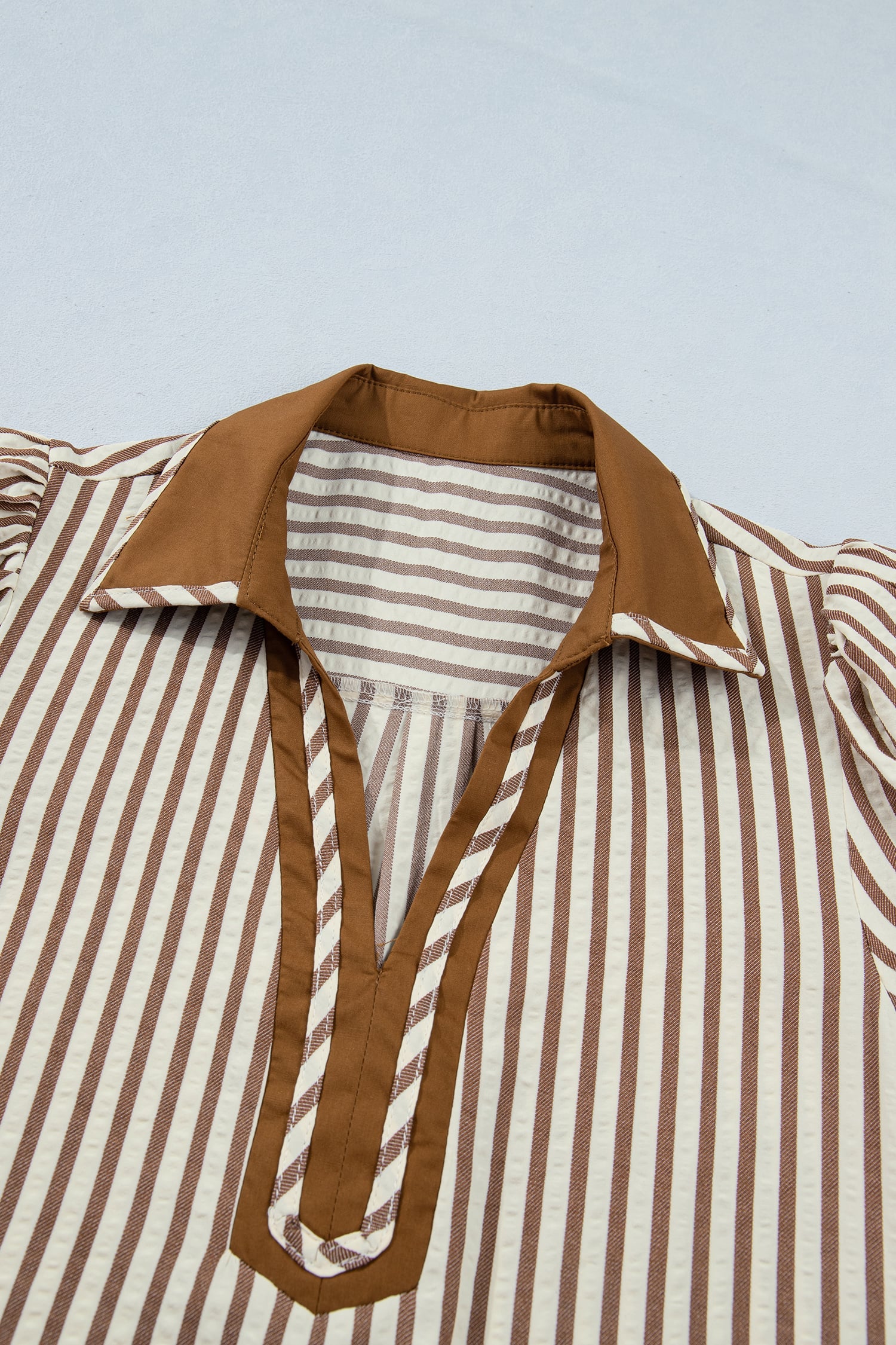 Brown Stripe Shirt Collar Color Block Patchwork Trim Ruffle Hem Short Dress