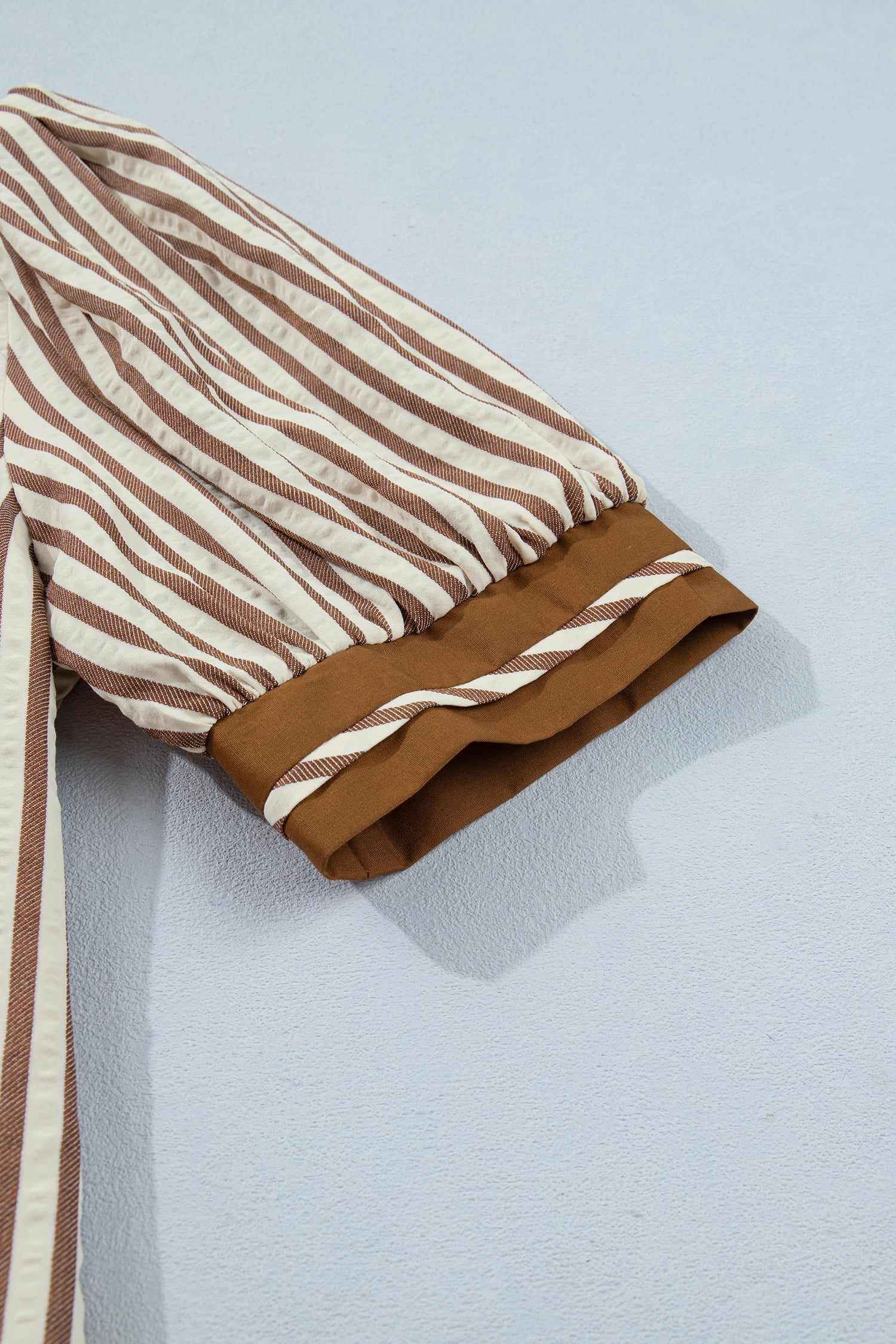 Brown Stripe Shirt Collar Color Block Patchwork Trim Ruffle Hem Short Dress