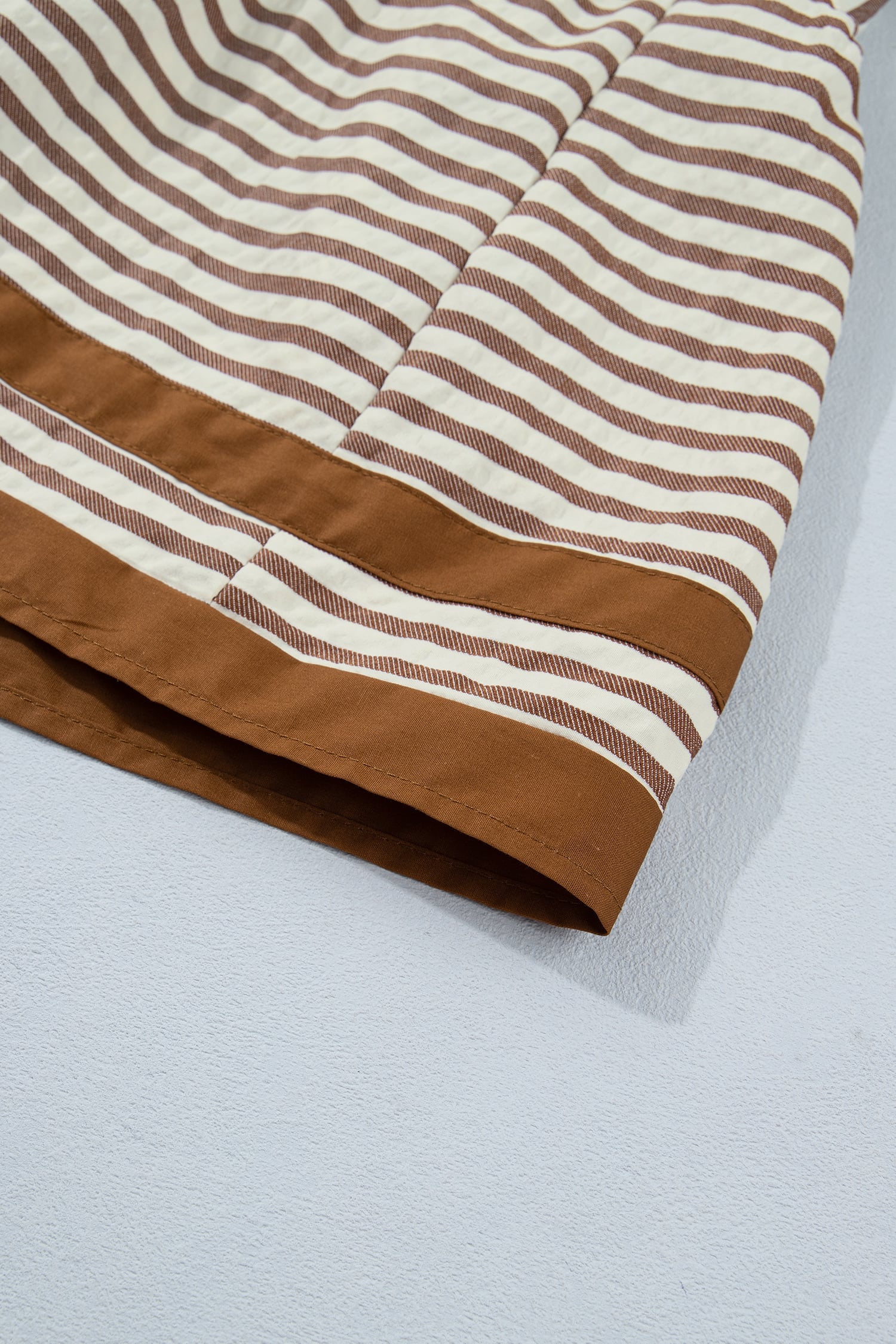 Brown Stripe Shirt Collar Color Block Patchwork Trim Ruffle Hem Short Dress