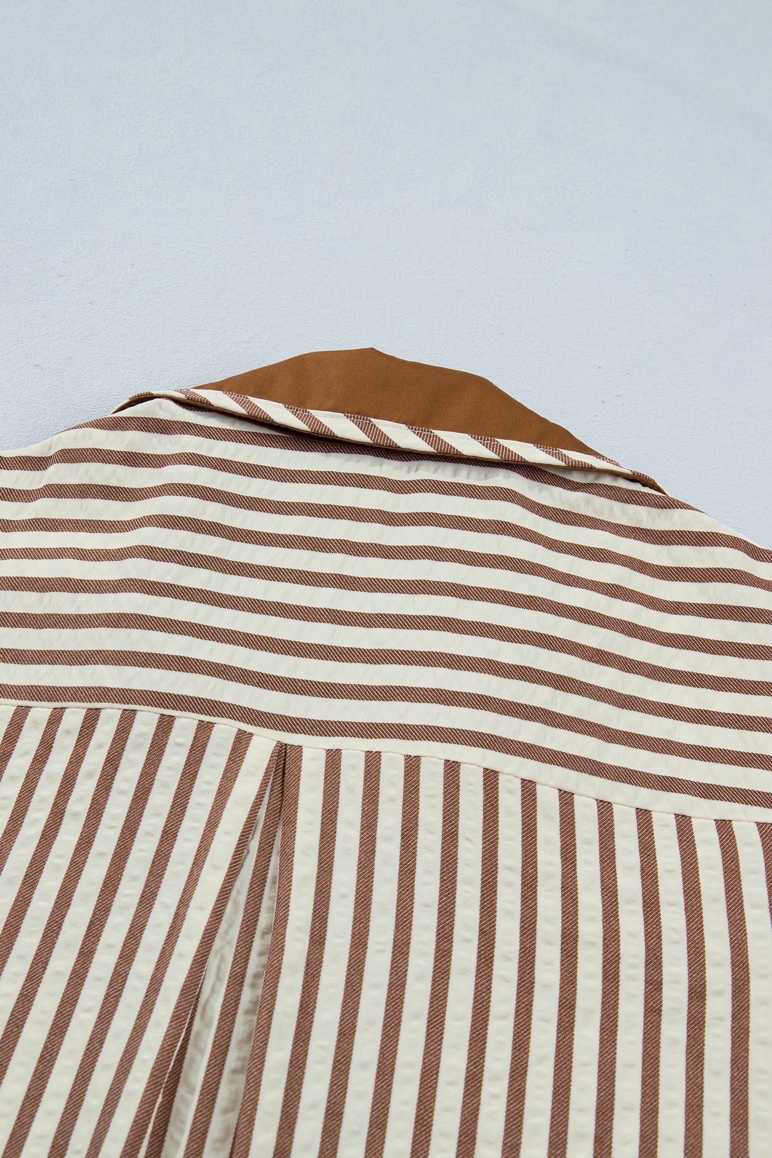 Brown Stripe Shirt Collar Color Block Patchwork Trim Ruffle Hem Short Dress