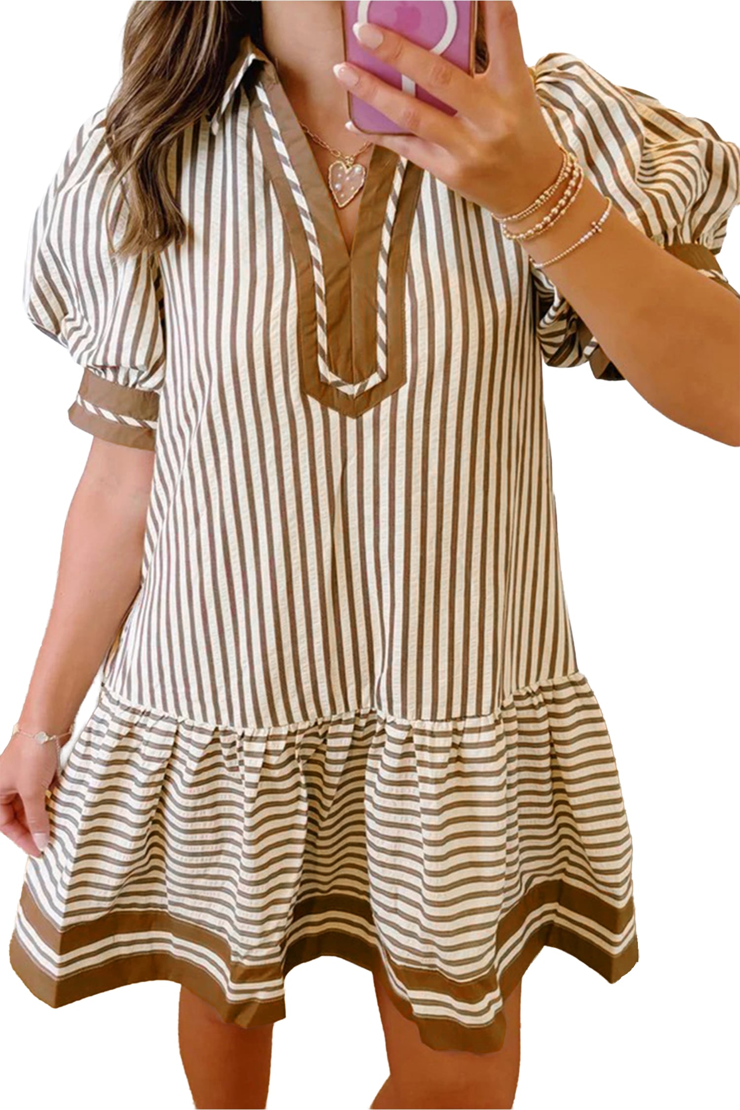 Brown Stripe Shirt Collar Color Block Patchwork Trim Ruffle Hem Short Dress