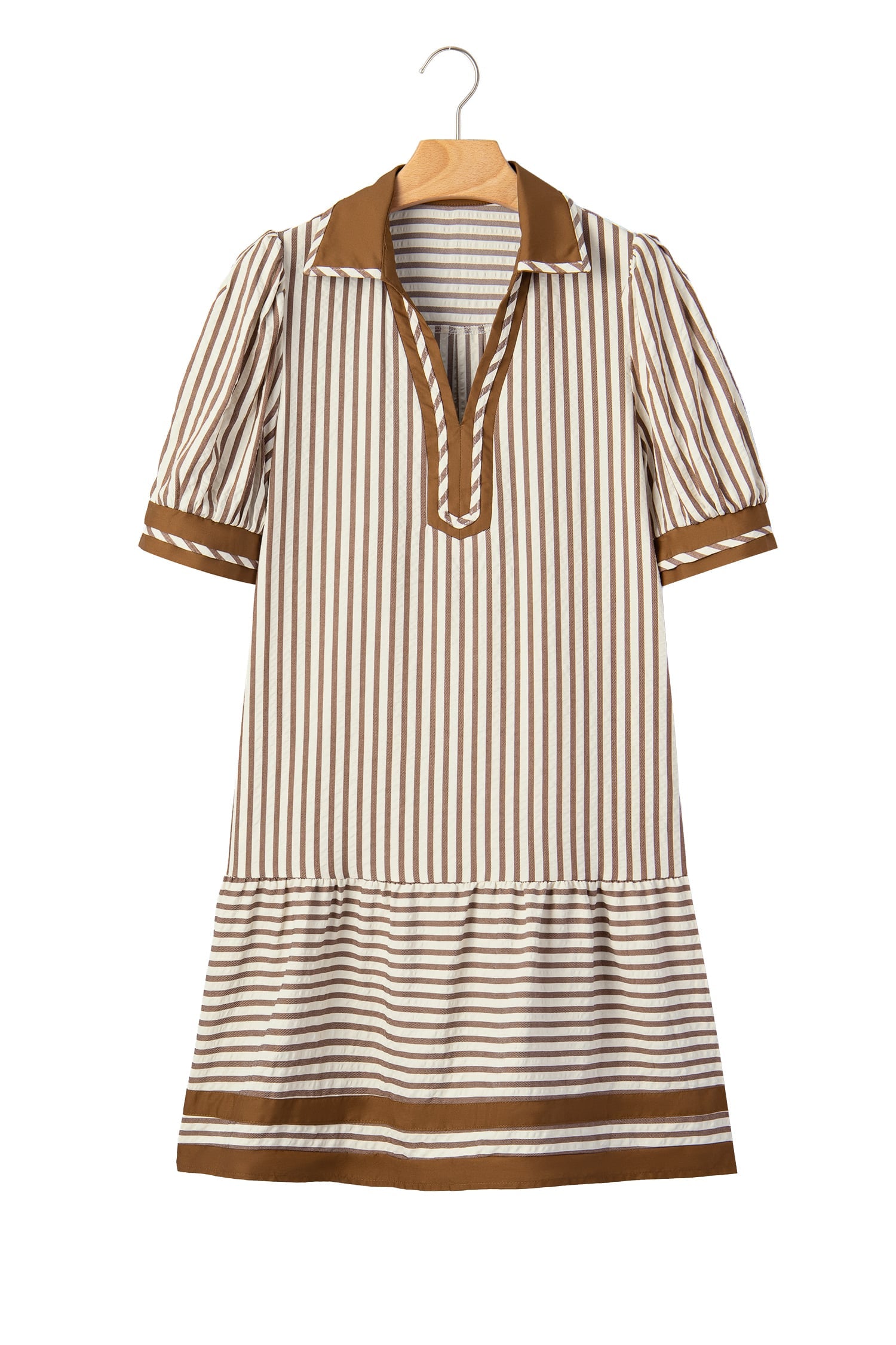 Brown Stripe Shirt Collar Color Block Patchwork Trim Ruffle Hem Short Dress