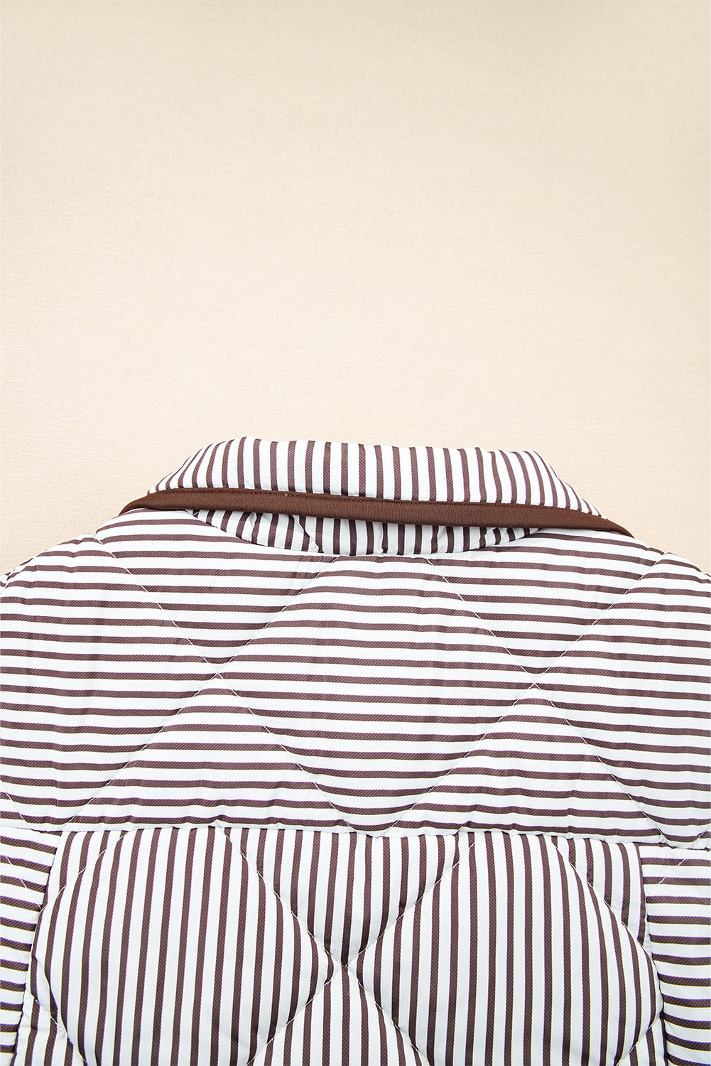 Brown Stripe Contrast Trim Snap Button Collared Winter Vest