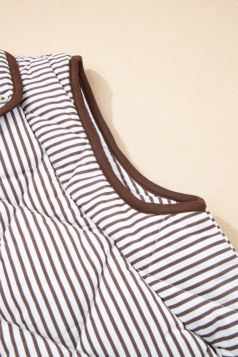 Brown Stripe Contrast Trim Snap Button Collared Winter Vest