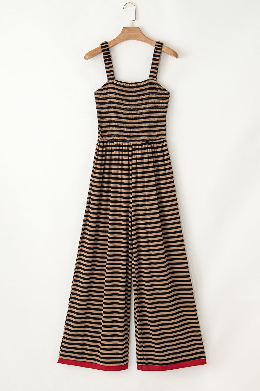 Brown Stripe Square Neck Shirred Wide Leg Jumpsuit