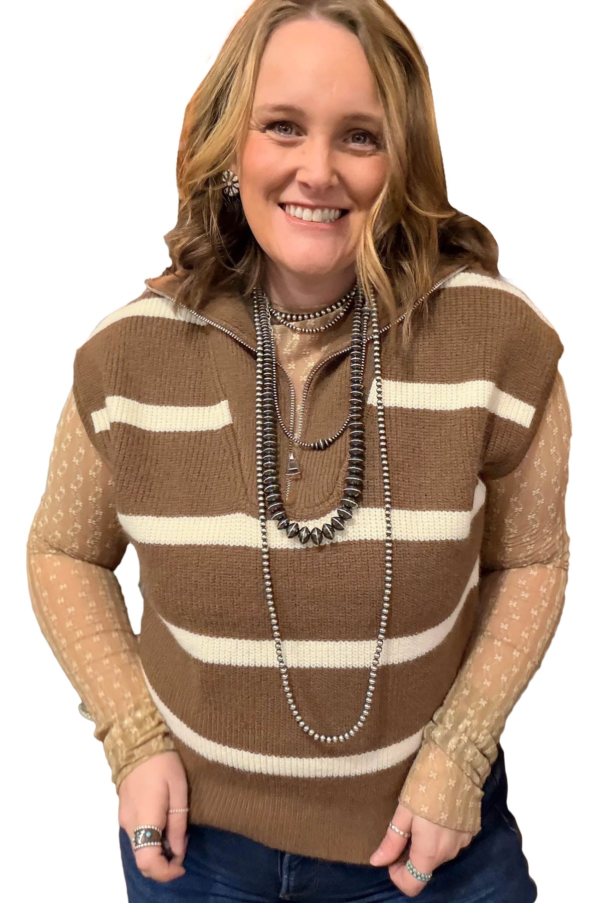 Brown Stripe Striped Colorblock Drop Shoulder V Neck Tunic Sweater T-shirt