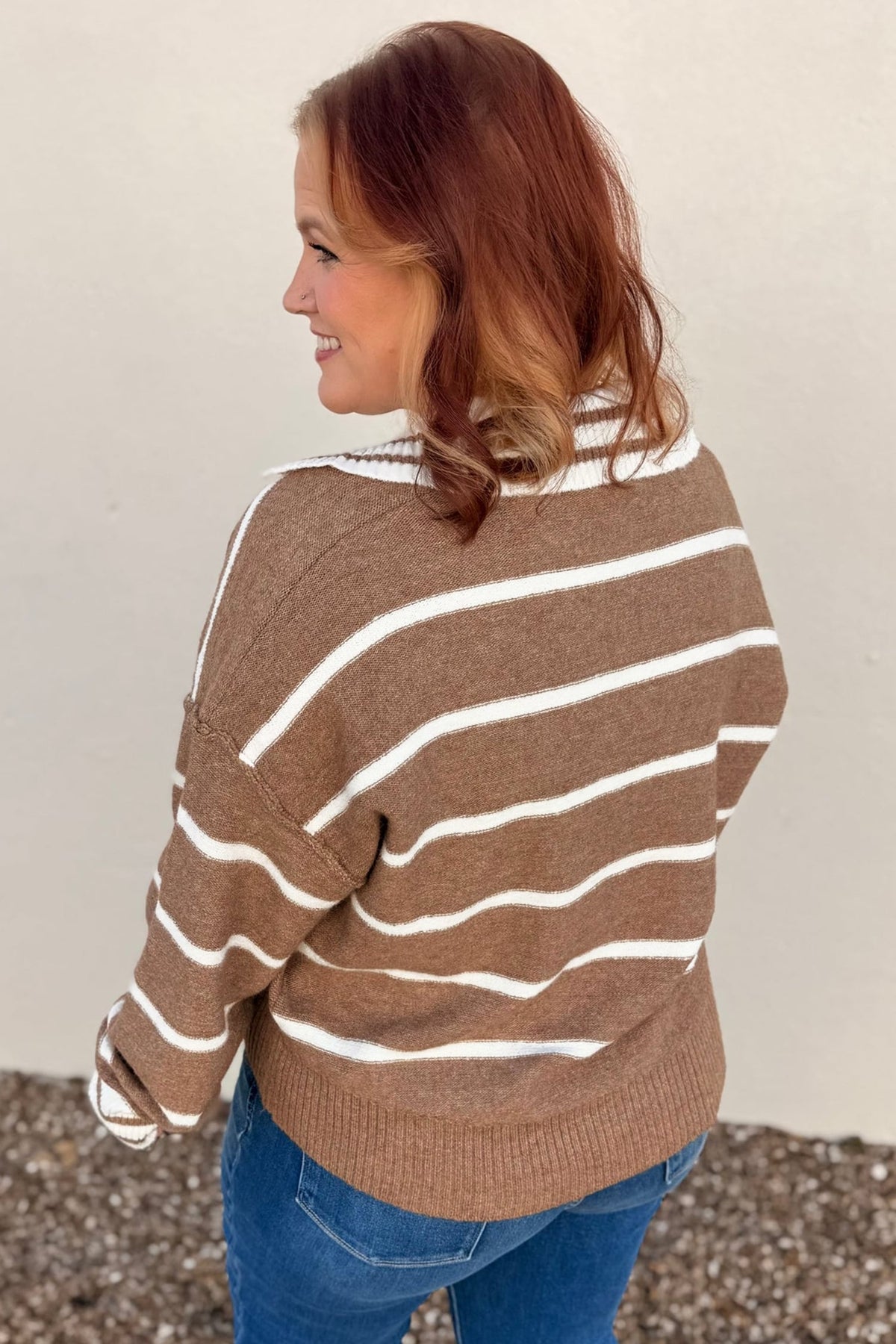 Brown Stripe Striped V Neck Long Sleeve Shift Plus Size Sweater