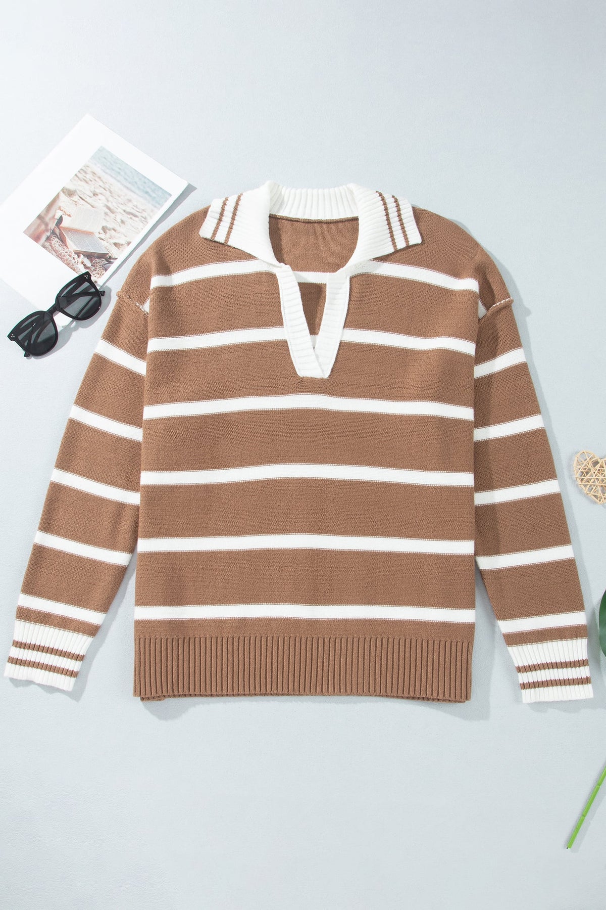 Brown Stripe Striped V Neck Long Sleeve Shift Plus Size Sweater