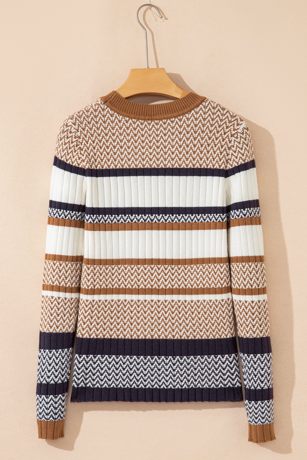Brown Stripe Stylish Pattern Knitted Ribbed Trim Slim Sweater