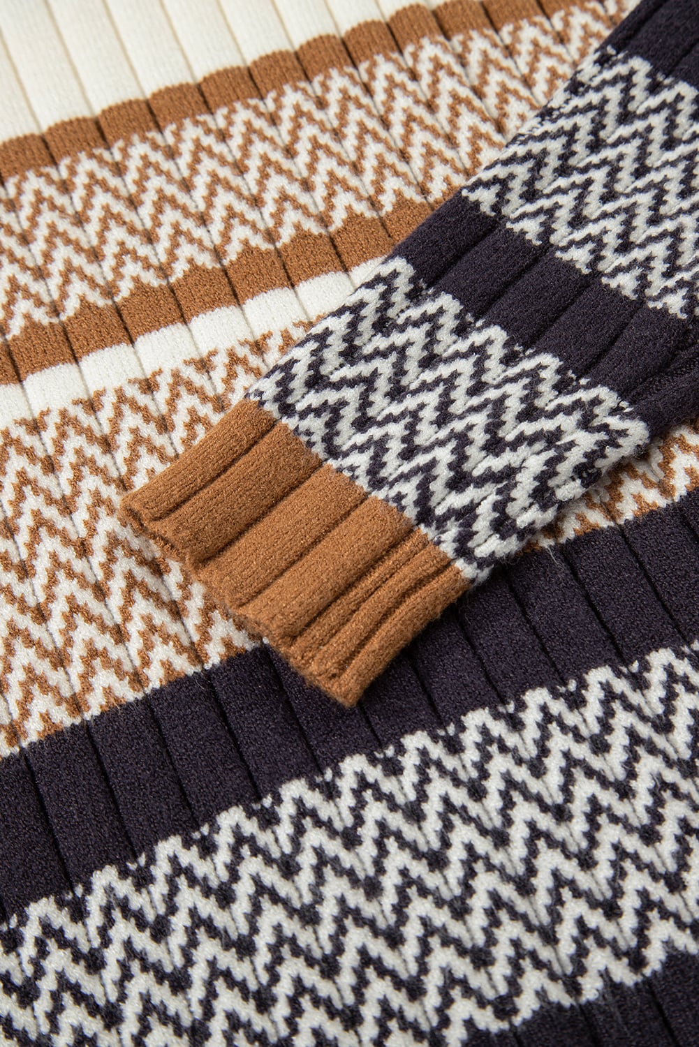 Brown Stripe Stylish Pattern Knitted Ribbed Trim Slim Sweater