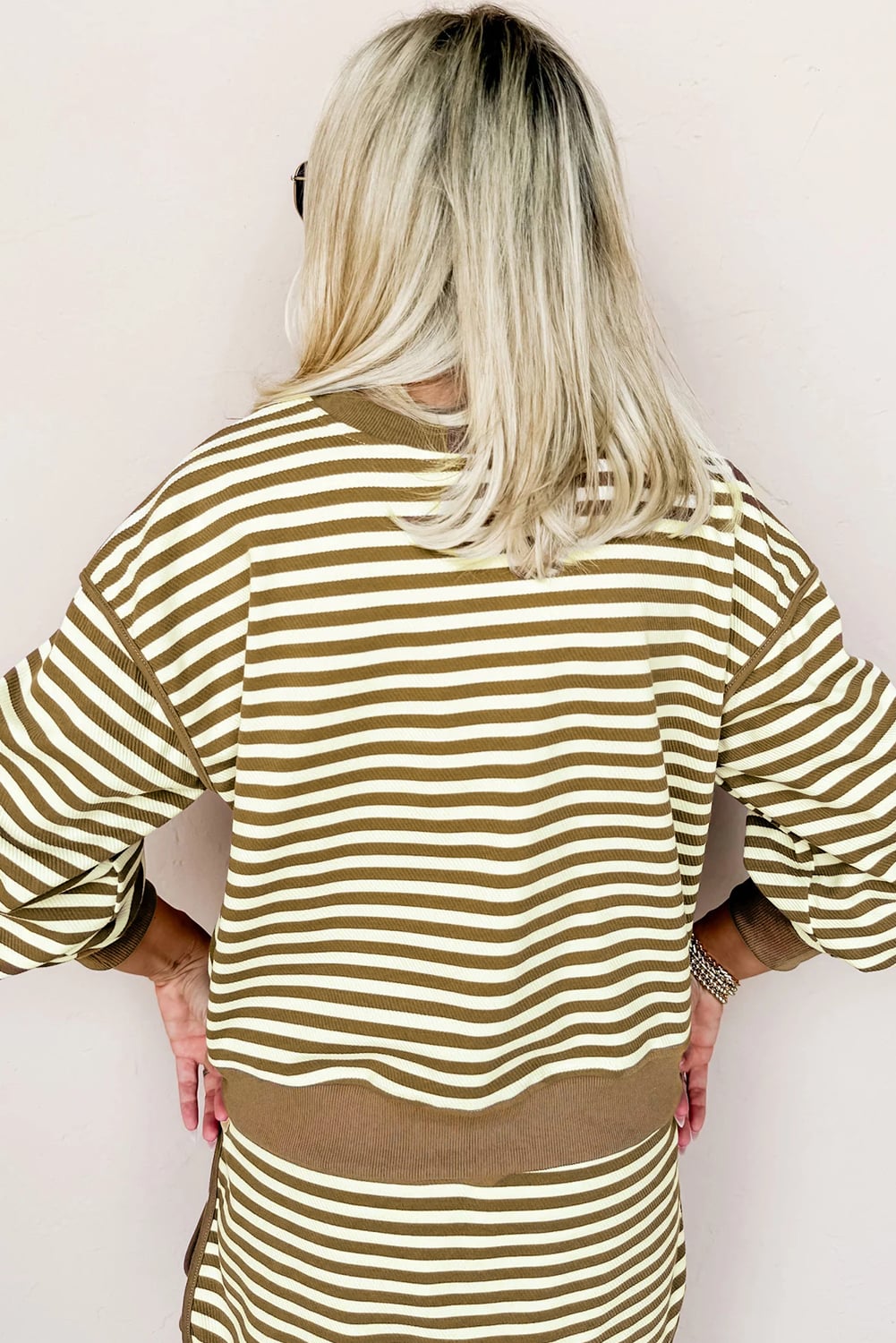 Brown Stripe Textured Drop Shoulder Pullover Top Drawstring Mini Skort Two Piece Dress Set