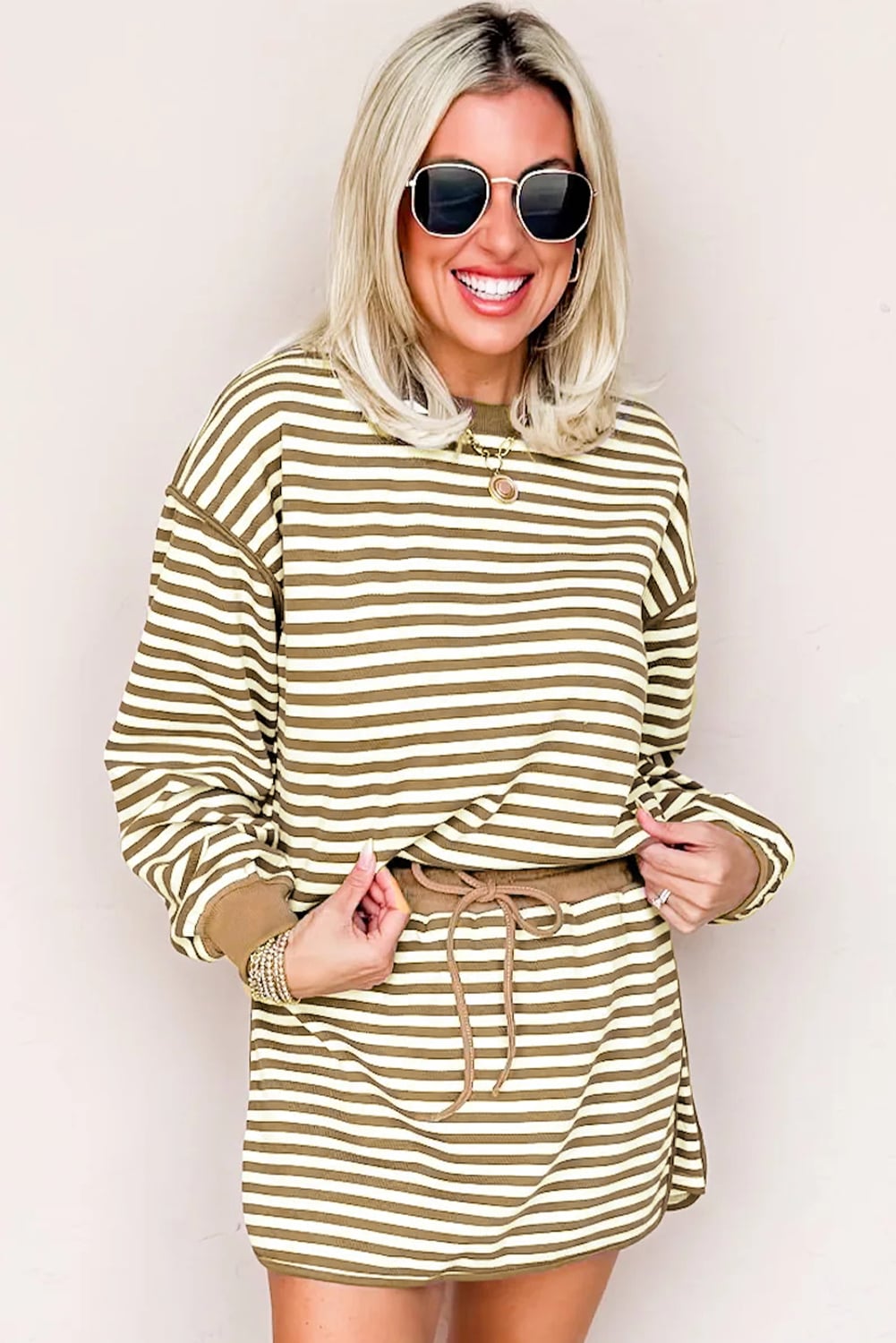 Brown Stripe Textured Drop Shoulder Pullover Top Drawstring Mini Skort Two Piece Dress Set