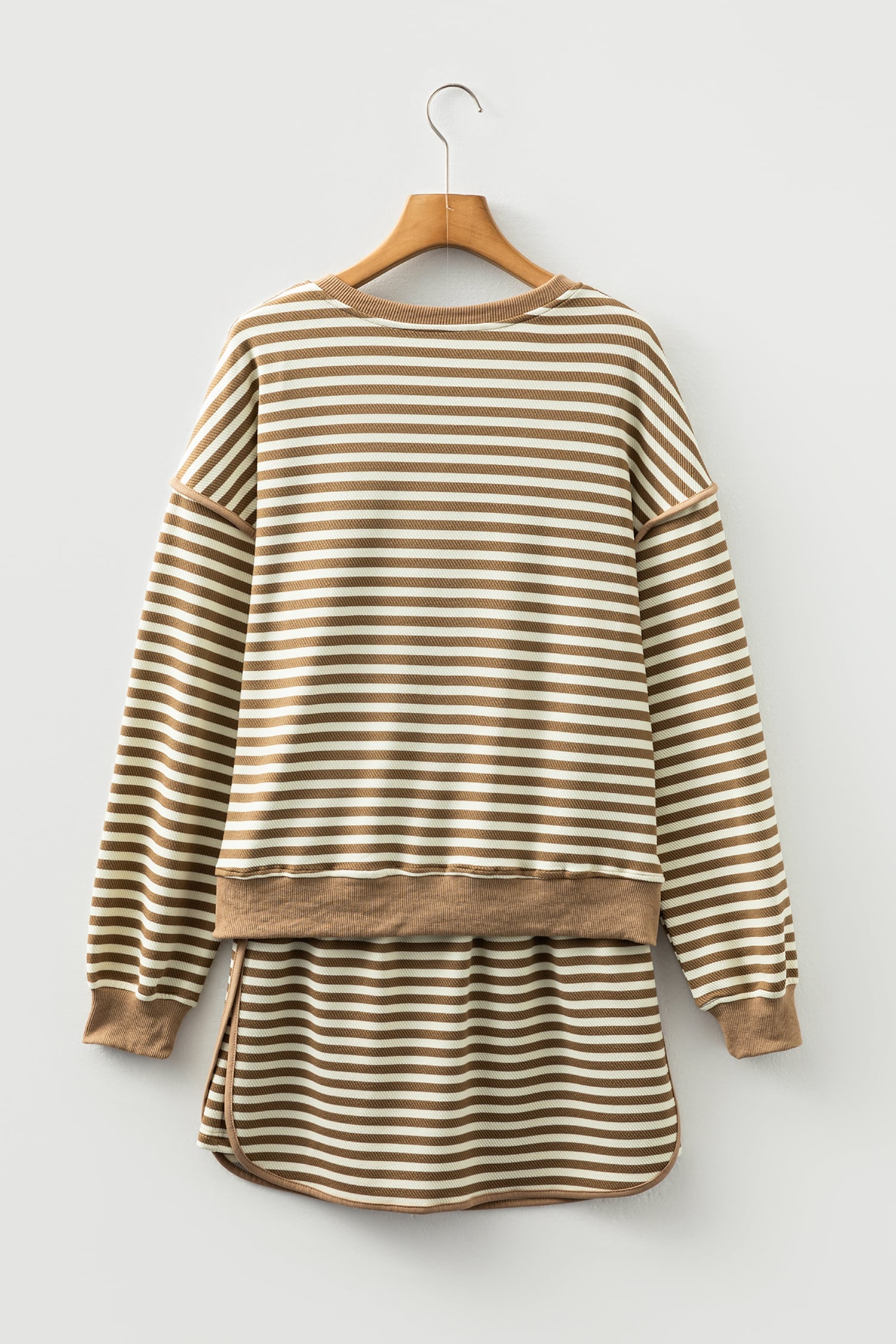 Brown Stripe Textured Drop Shoulder Pullover Top Drawstring Mini Skort Two Piece Dress Set