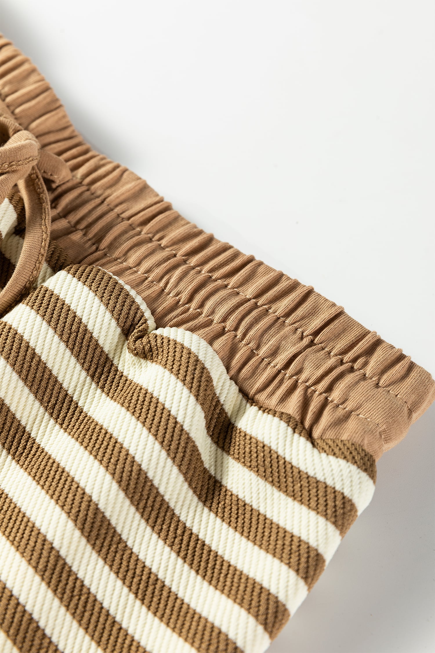 Brown Stripe Textured Drop Shoulder Pullover Top Drawstring Mini Skort Two Piece Dress Set