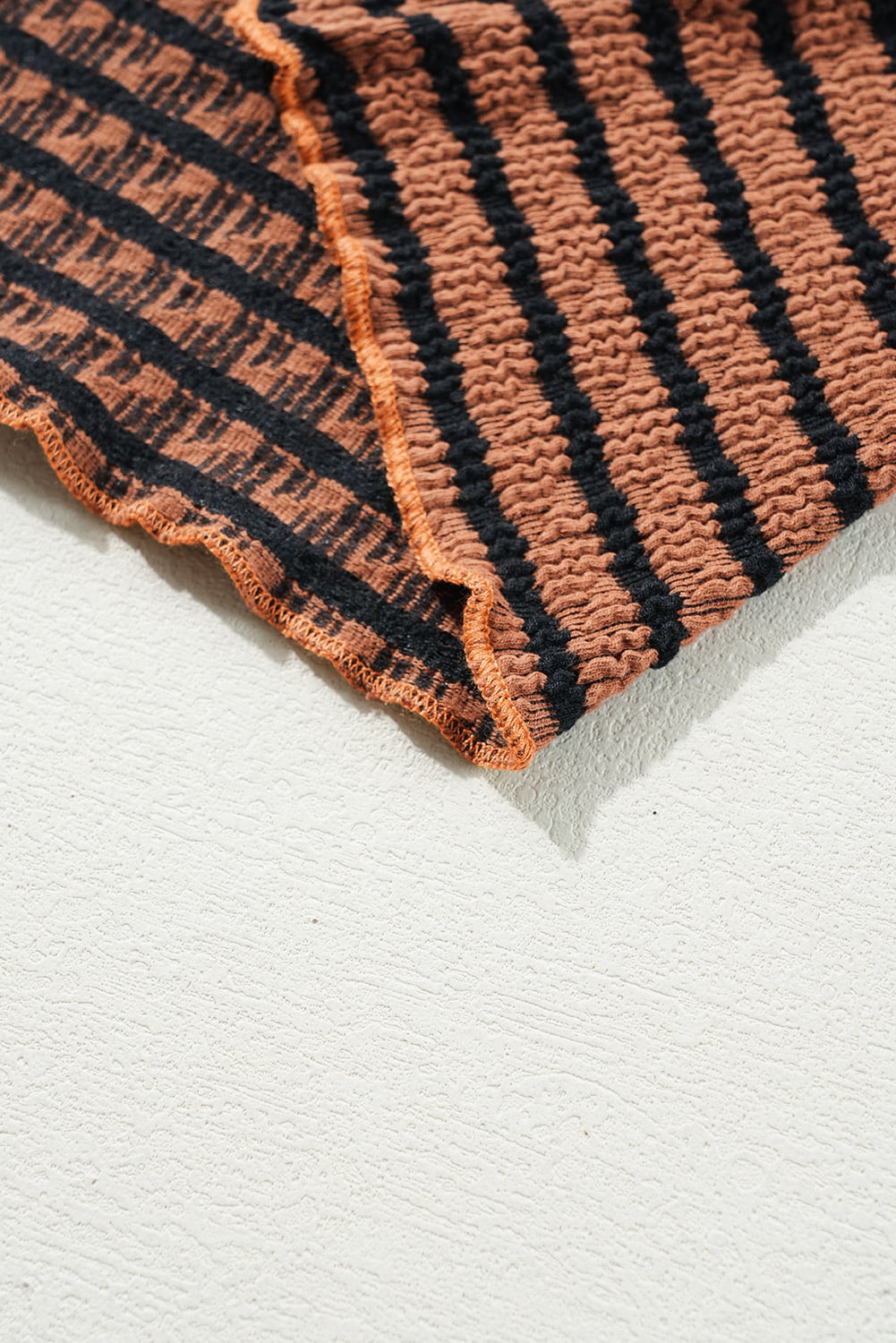 Brown Stripe Textured Frilly Trim Buttons Henley Long Sleeve Top