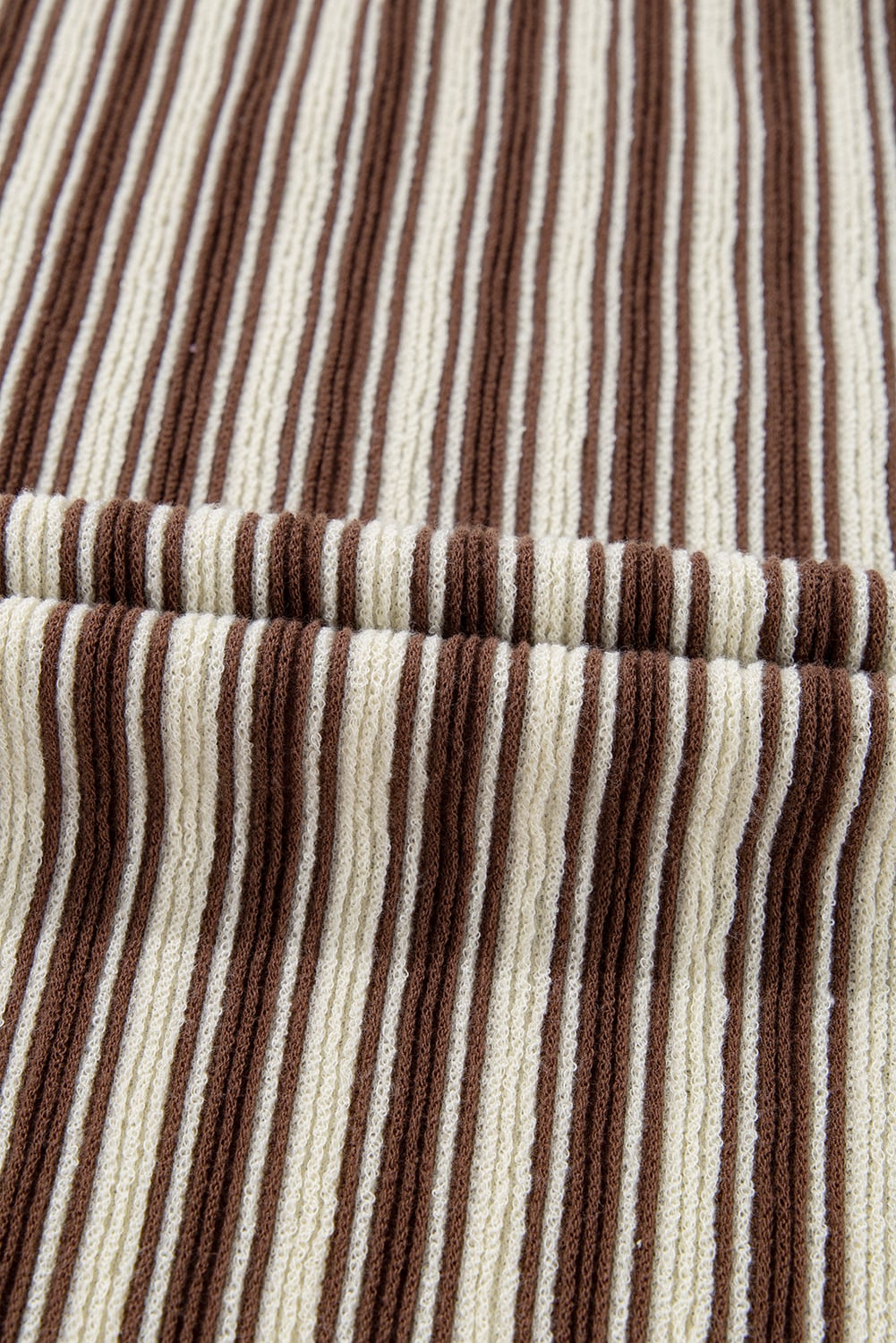 Brown Stripe Textured Side Slits Crew Neck T Shirt