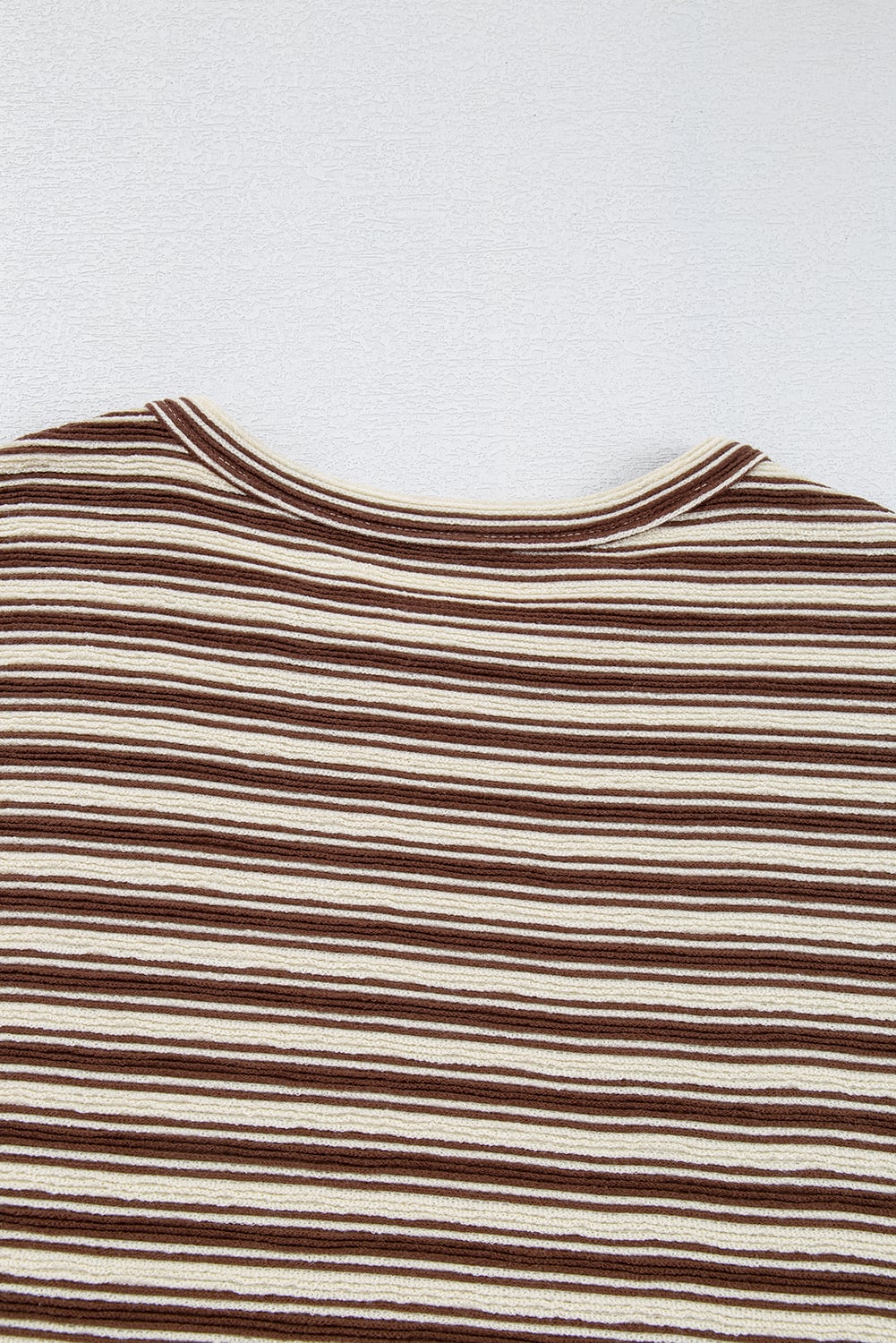 Brown Stripe Textured Side Slits Crew Neck T Shirt
