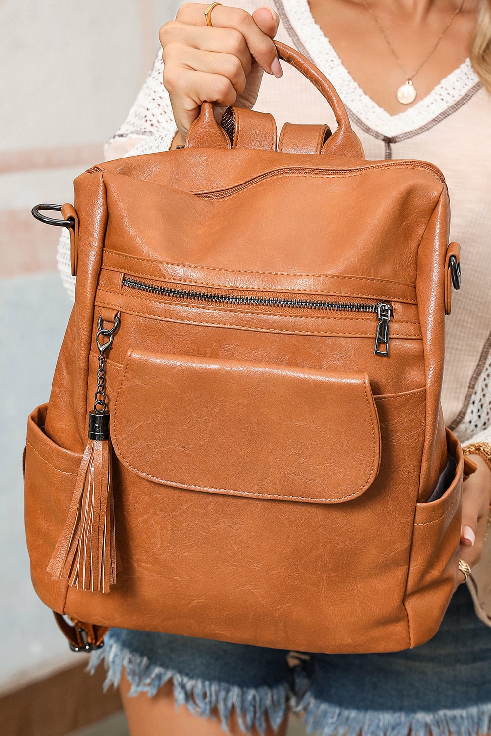 Brown Tassel Decor Retro PU Large Capacity Backpack