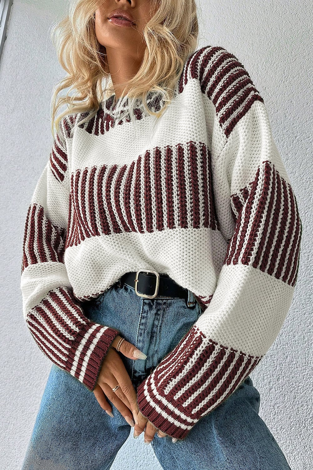 Brown Two Tone Striped Patchwork Drop Shoulder Loose Sweater