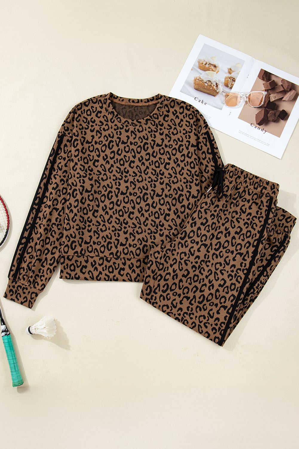 Brown Varsity Striped Trim Leopard Long Sleeve Top Drawstring Pant Set