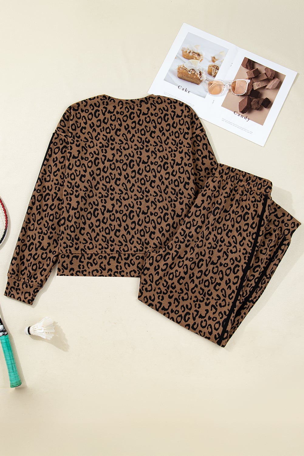Brown Varsity Striped Trim Leopard Long Sleeve Top Drawstring Pant Set
