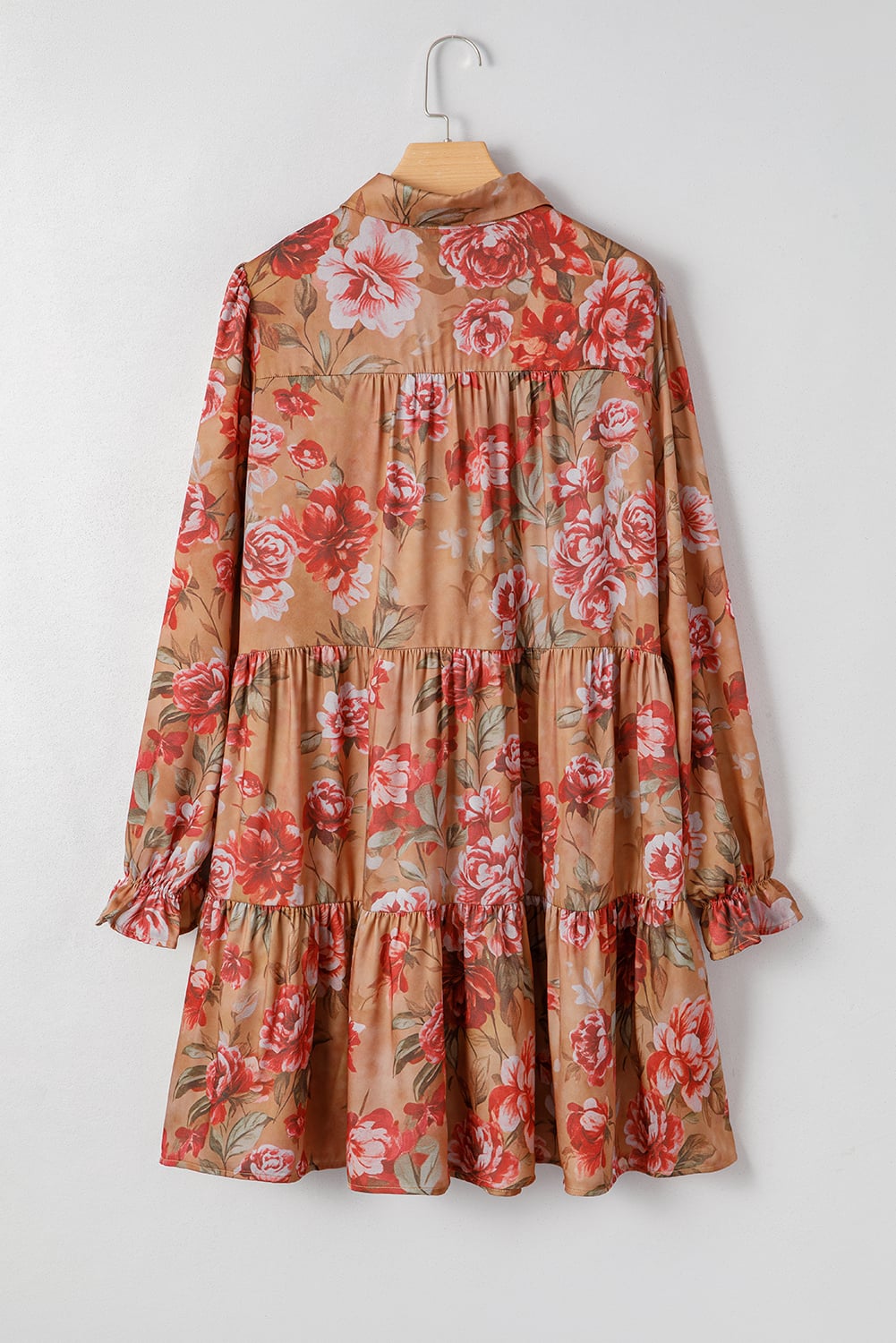 Brown Vintage Floral Print Shirt Style Half Button Long Sleeve Ruffle Mini Dress