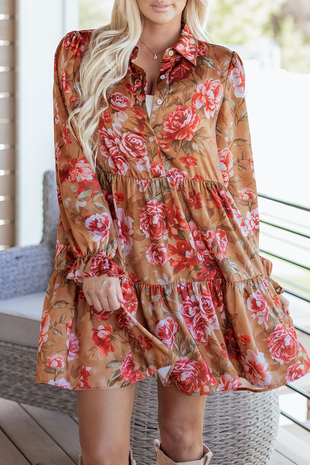 Brown Vintage Floral Print Shirt Style Half Button Long Sleeve Ruffle Mini Dress