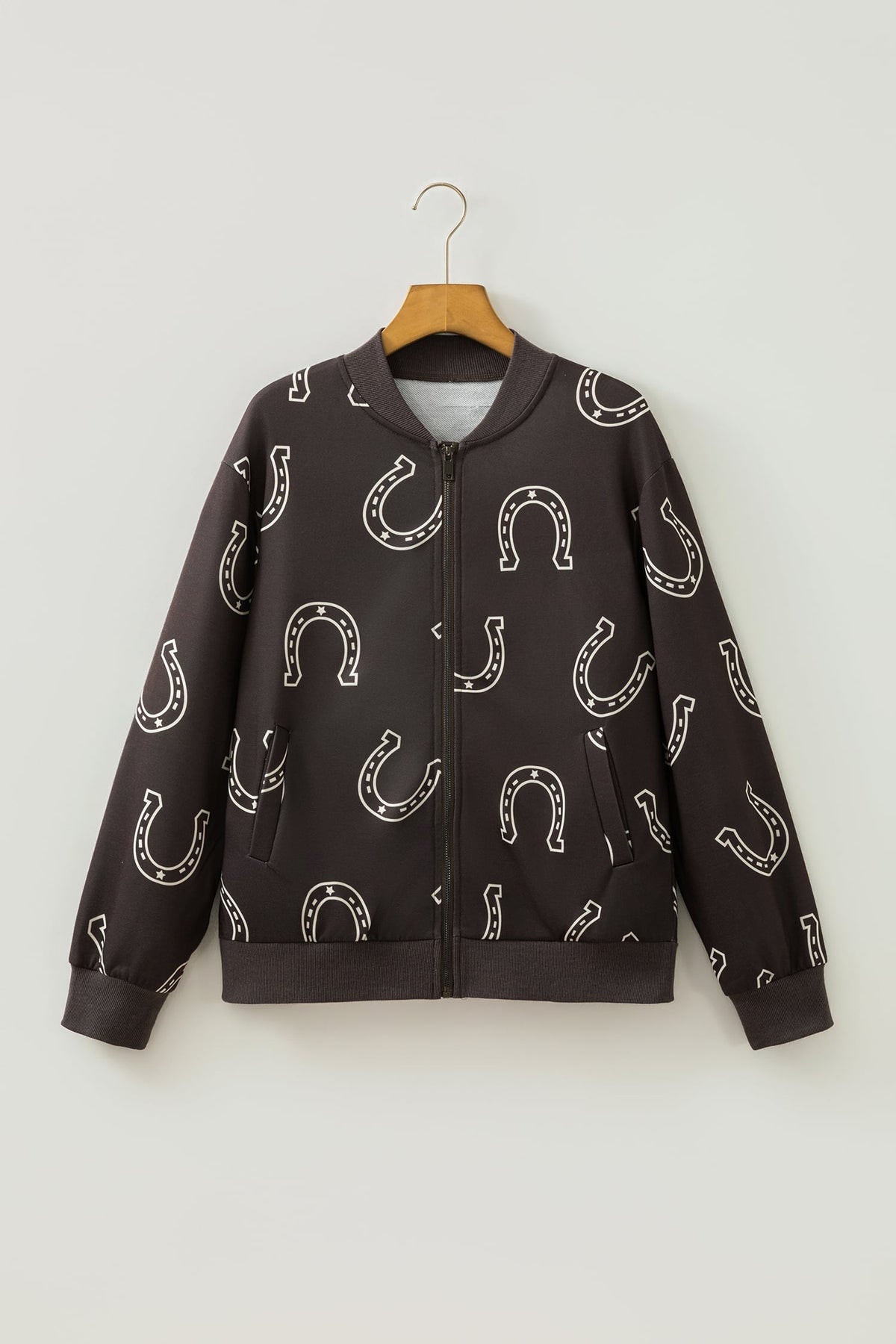Brown Western Horseshoe Print Zipper Pocket Shift Jacket