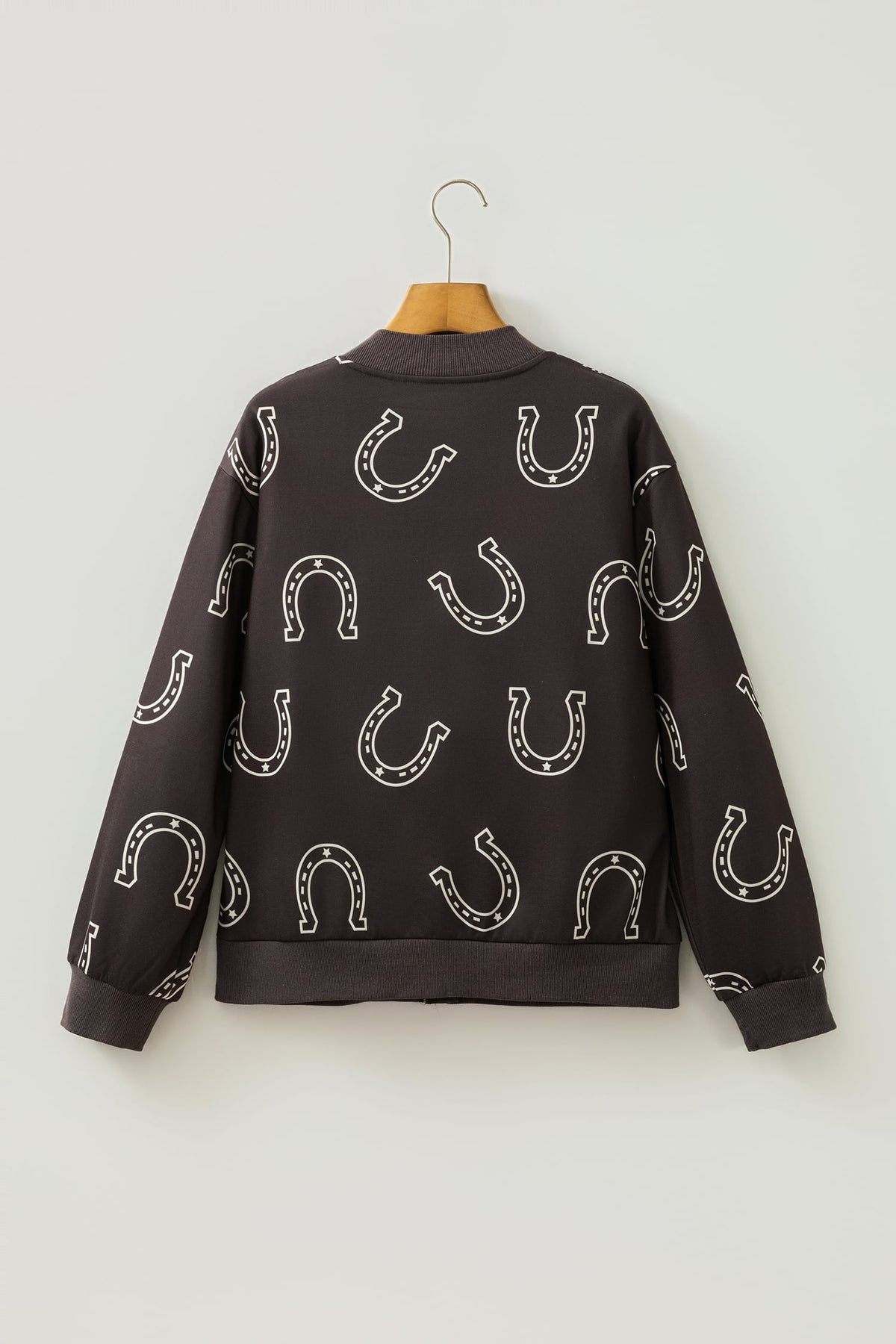 Brown Western Horseshoe Print Zipper Pocket Shift Jacket