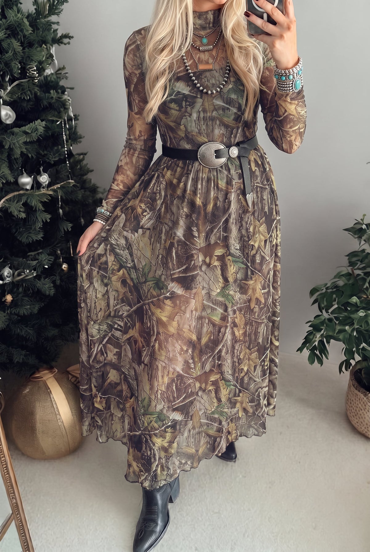 Brown Western Print Mesh Long Sleeve Maxi Dress