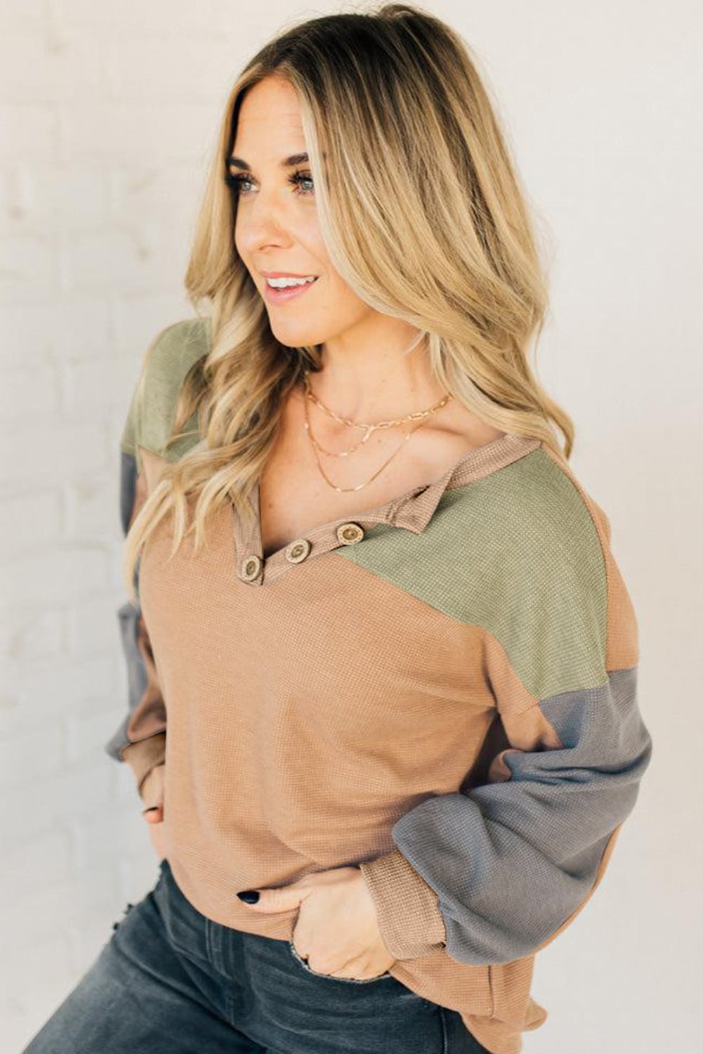 Buckskin Color Block Thermal Textured Knit Drop Shoulder Henley Top