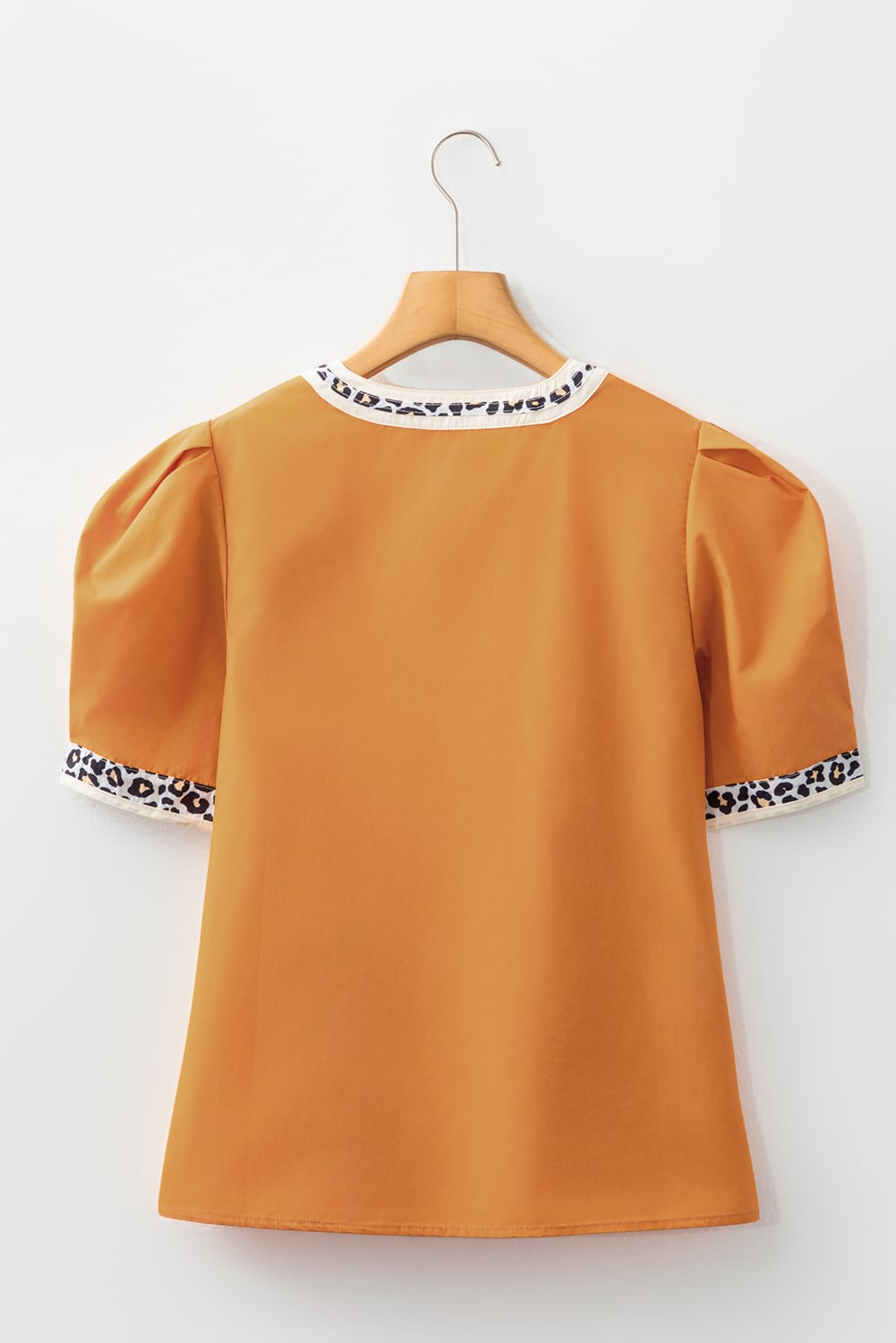 Buckskin Contrast Leopard Trim Split Neck Puff Sleeve Blouse