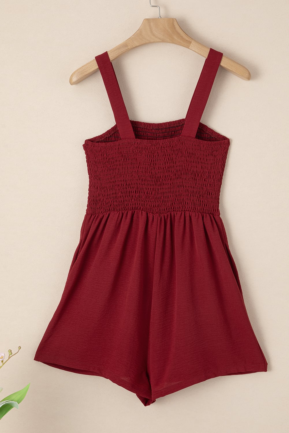 Burgundy Casual Pocketed Smocked Sleeveless Romper