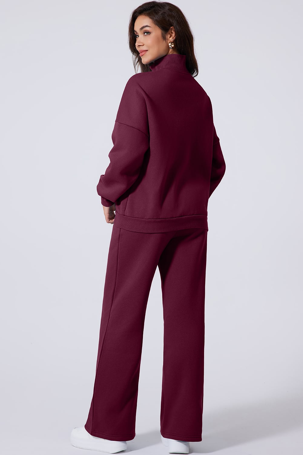 Burgundy Drop Shoulder Zip Up Jacket Drawstring Pants Active 2pcs Set