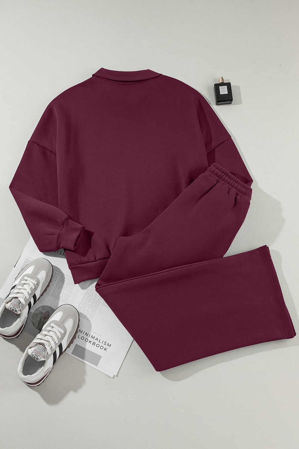 Burgundy Drop Shoulder Zip Up Jacket Drawstring Pants Active 2pcs Set
