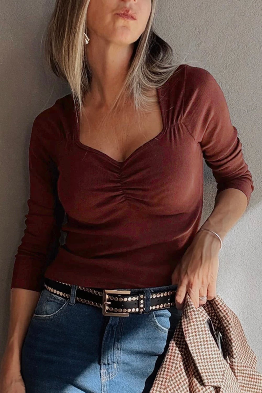 Burgundy Gathered Bust Square Neck Ribbed Fit Long Sleeve Top