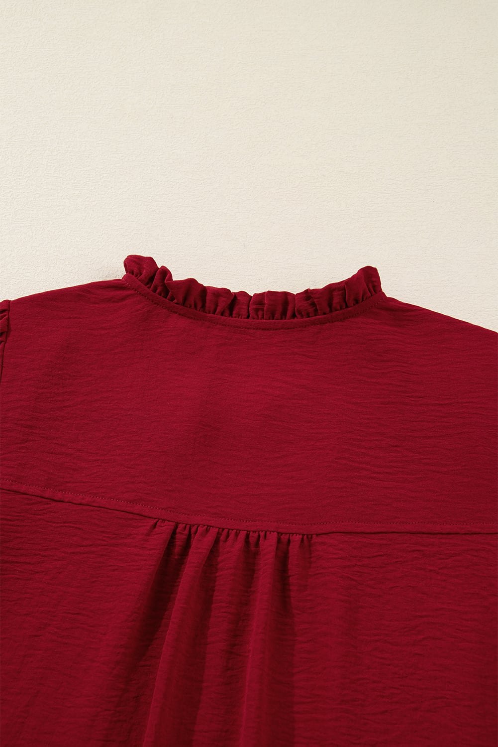 Burgundy Notched Neck Shirred Cuff Long Sleeve Blouse