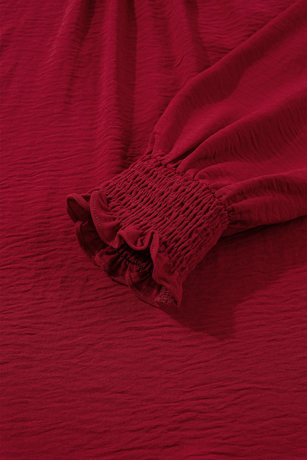 Burgundy Notched Neck Shirred Cuff Long Sleeve Blouse