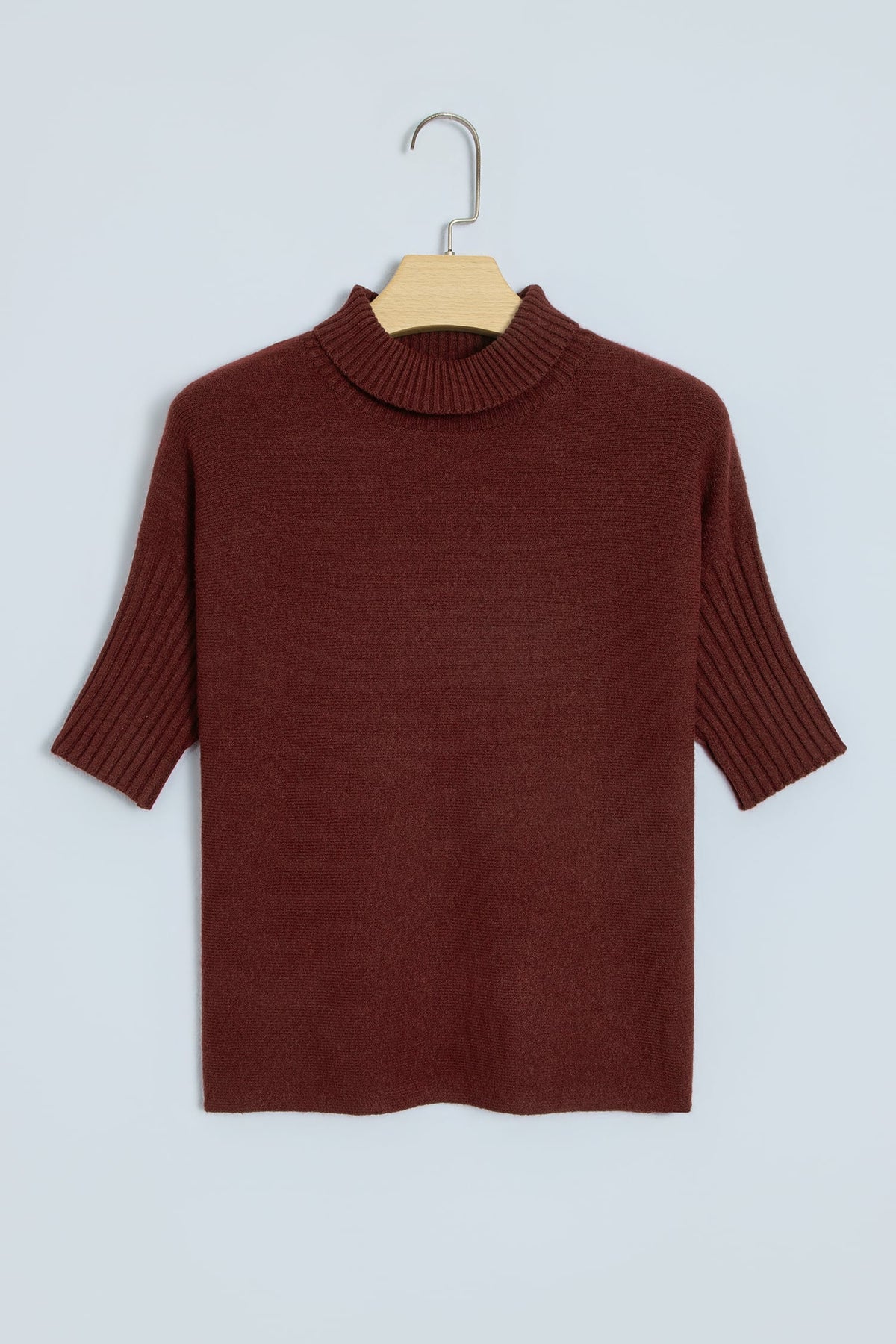 Burgundy Ribbed Trim High Neck Short Sleeve Casual Sweater