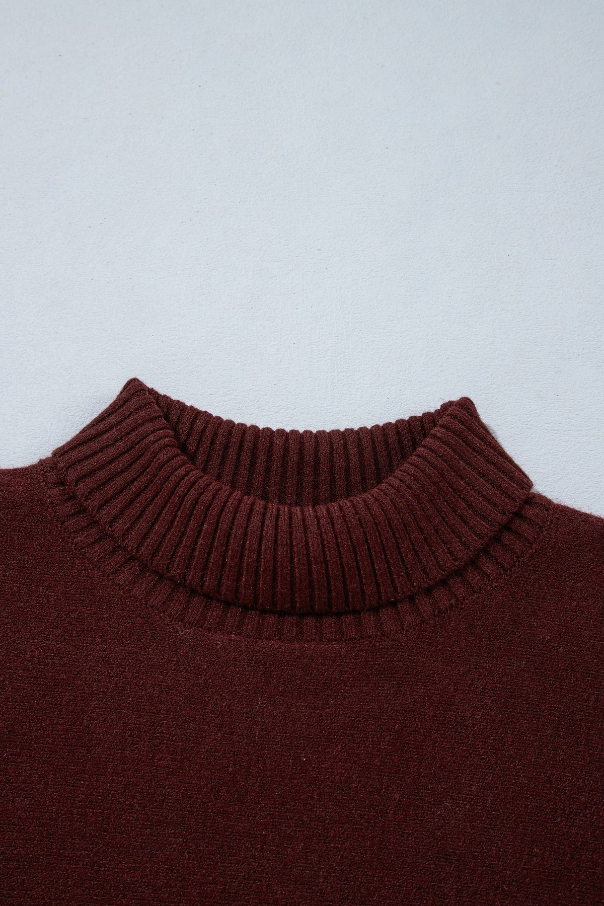 Burgundy Ribbed Trim High Neck Short Sleeve Casual Sweater