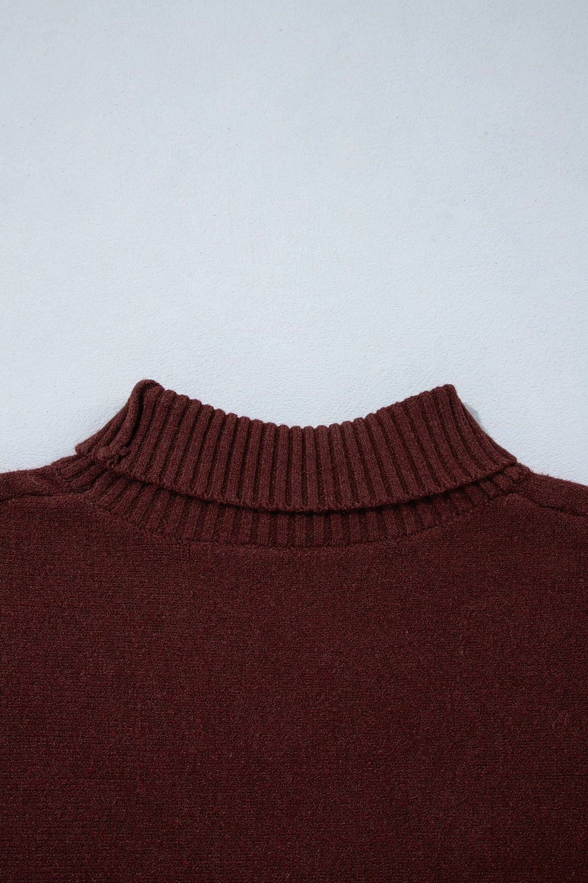 Burgundy Ribbed Trim High Neck Short Sleeve Casual Sweater
