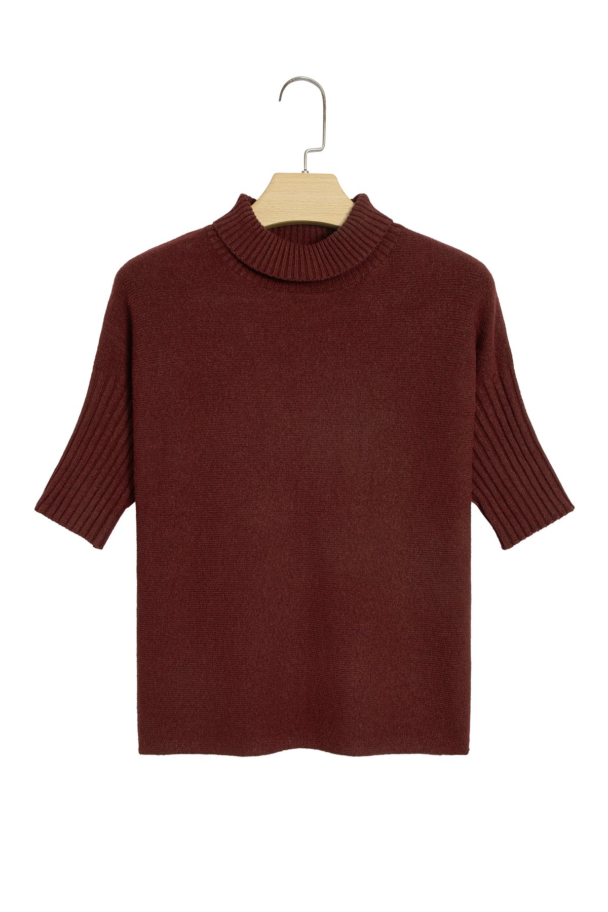 Burgundy Ribbed Trim High Neck Short Sleeve Casual Sweater