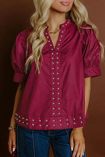 Burgundy Rivet Embellished V Neck Short Puff Sleeve Blouse