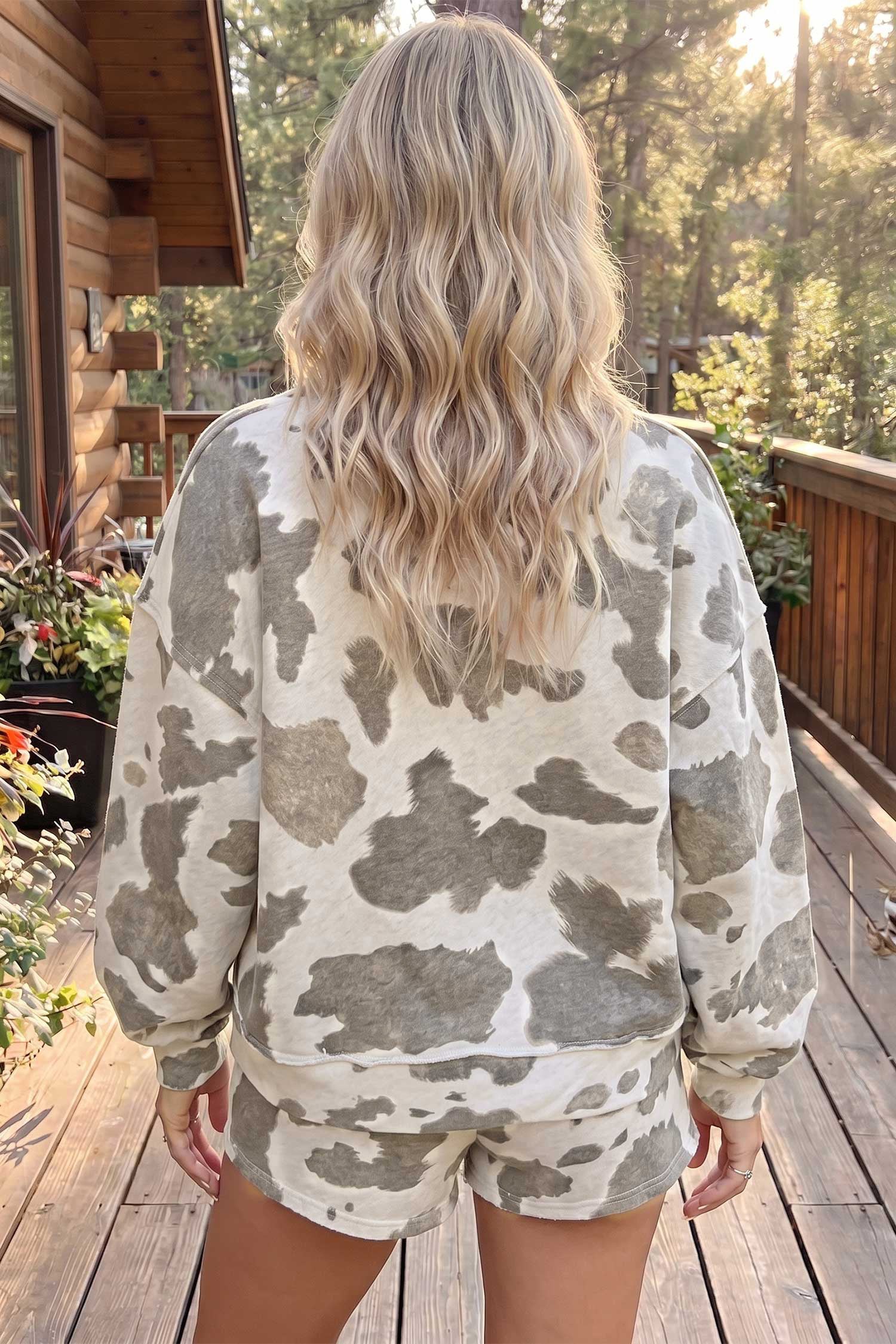 Gray Western Print Raw Hem Long Sleeve Top Drawstring Shorts Set
