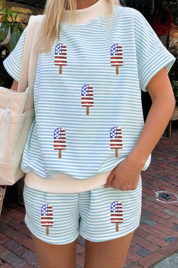 Sky Blue Stripe Patriotic Sequin Popsicle Mock Neck Top Short Set