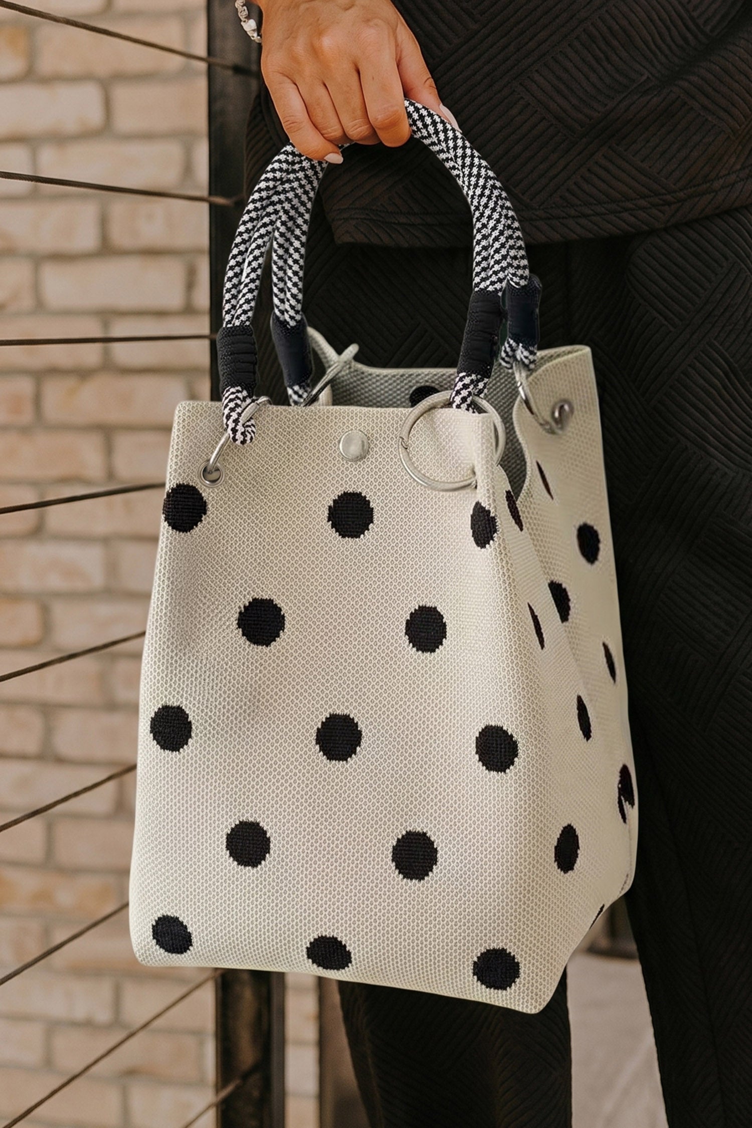 White Polka Dot Print Rope Handle Tote Bag